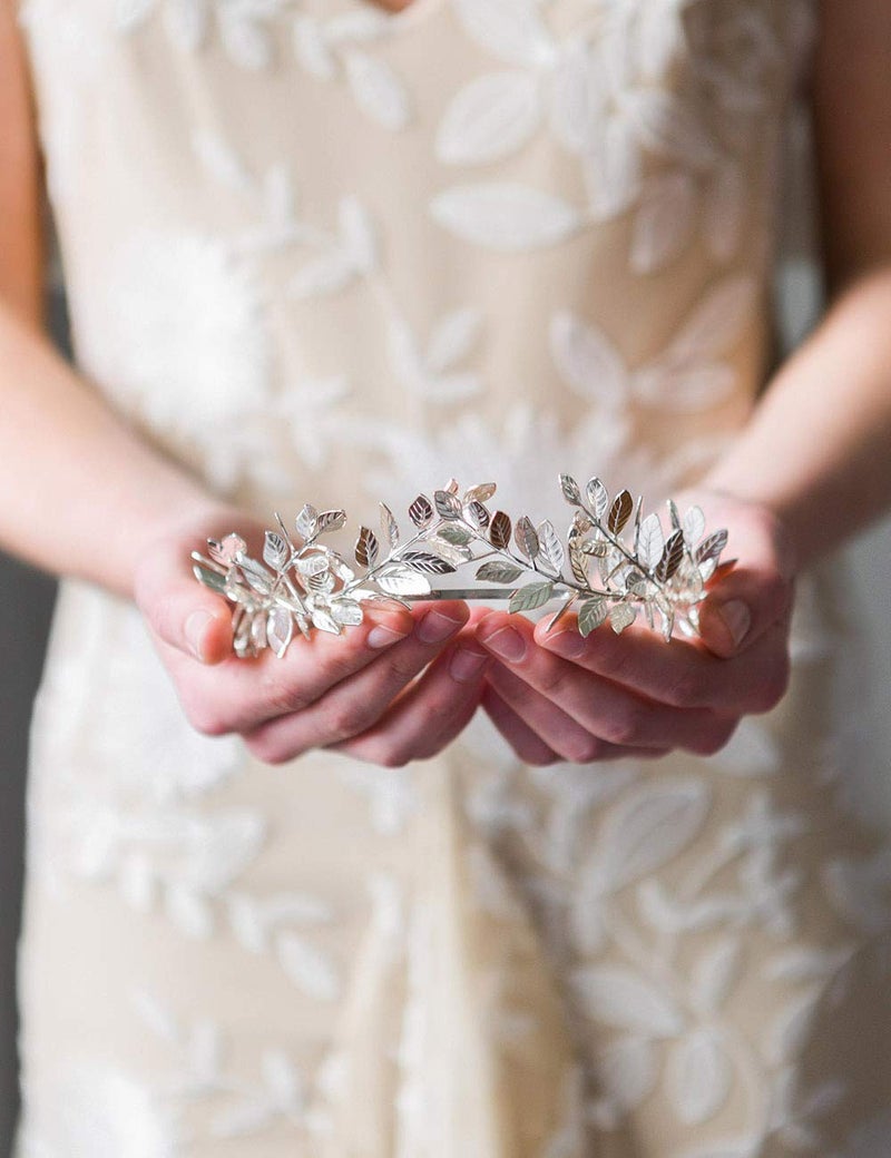 Chargances Handmade Bridal Wedding Crown Leaf Headband Women Leaf Tiara Headpiece Weeding Hair Accessories Leaf Headpiece Jewelry for Women and Girls(Silver) - Image 2